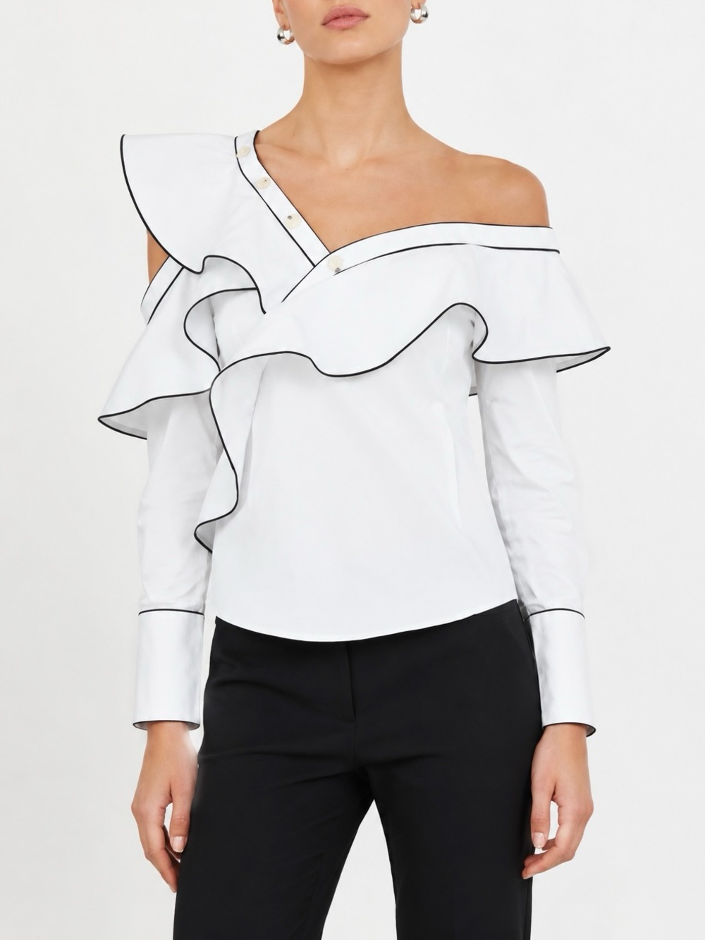 Self-Portrait White Button-Down Ruffle Shirt with Black Trim - Picture 2 of 10